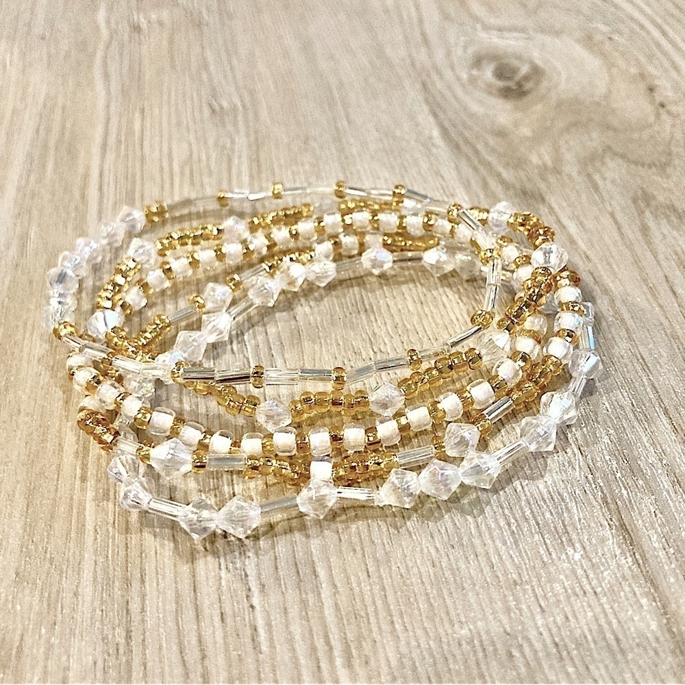 HANDCRAFTED Custom Stacked Set of 5 Stretch Bracelets Clear Crystal Yellow Gold